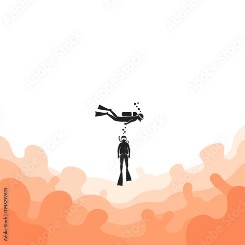 Two divers exploring underwater, one above the other, with orange clouds below