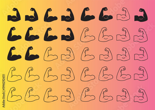 Cartoon flexing arm muscles in various styles and colors