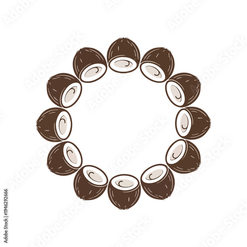 Circle of halved coconuts with brown shells and white flesh on white background