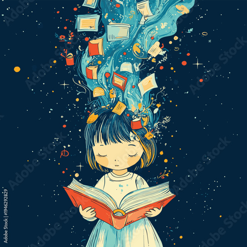Book, education, and reading concept. imagination of child. fantasyart. surreal artwork. conceptual illustration. , vector style simple color