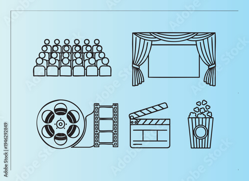 Cinemathemed vector icons with audience film reels and popcorn