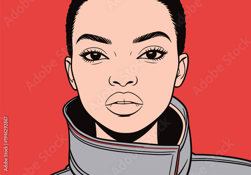 A woman is looking straight ahead with a focused expression. She wears a gray jacket with a high collar. The background is bright red.