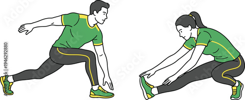 Man and woman doing stretching exercise warm up workout, fitness training concept illustration with active people isolated on white background