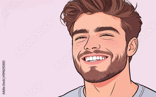 A young man is smiling broadly with a joyful expression on his face during a light-hearted moment against a pink background.