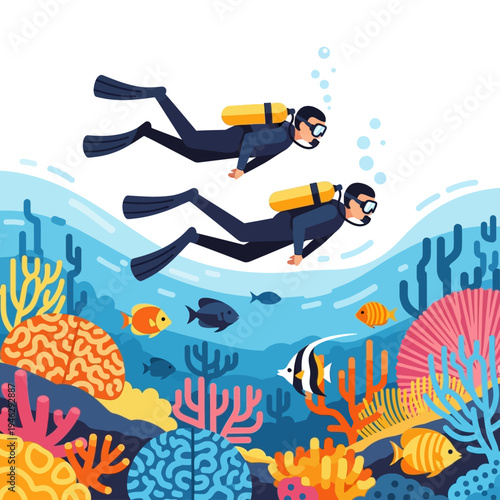 Two divers exploring vibrant coral reef with colorful fish underwater