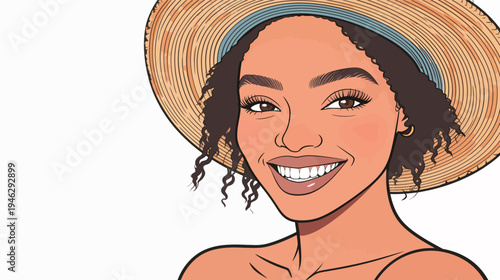 A woman with curly hair wears a straw hat and smiles brightly in a sunny outdoor setting. Her expression shows joy and warmth.