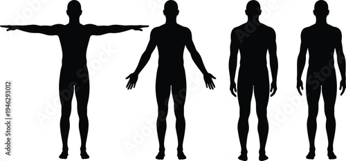 Foto Set of male body silhouettes in anatomical poses, athletic men standing with arm