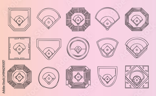Collection of baseball field diagram icons in various shapes and styles