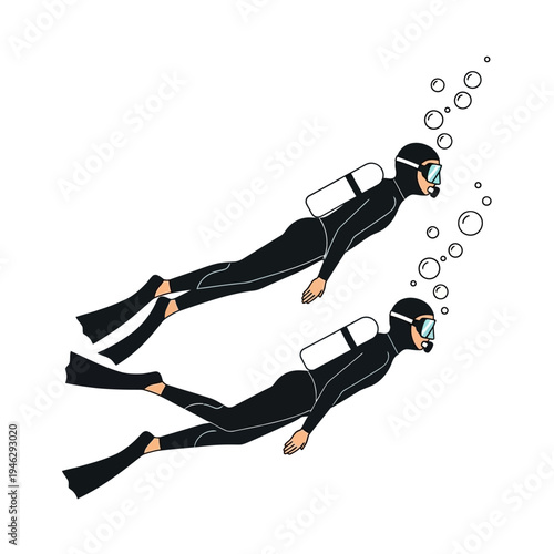 Two divers in wetsuits swimming underwater with bubbles, scuba diving adventure