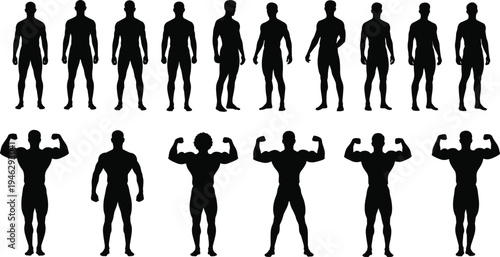 Foto Set of male body silhouettes in various poses, athletic men standing and flexing