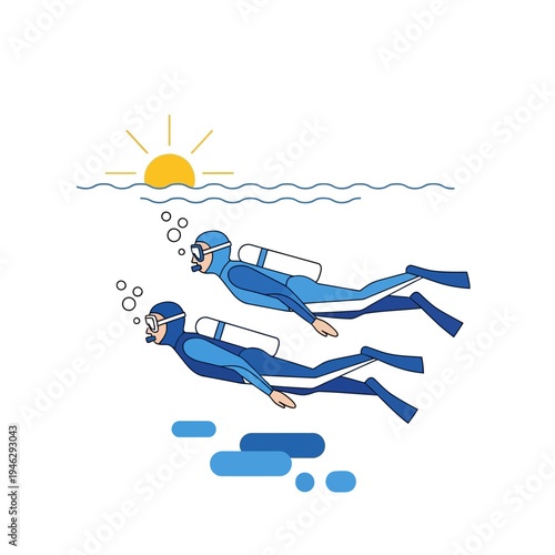 Two divers swimming underwater with sun and waves above