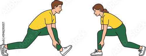 Man and woman doing lunge stretching exercise, fitness workout training activity concept, healthy lifestyle sport illustration isolated on white background