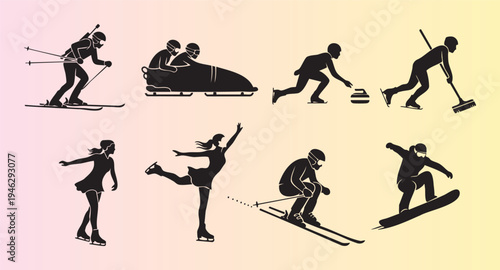 Collection of black silhouette illustrations of various winter sports activities