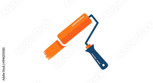 Orange Paint Roller Vector Illustration with Paint Stroke on White Background. Flat Design Icon for Home Improvement, DIY Renovation, and Interior Decorating Projects.