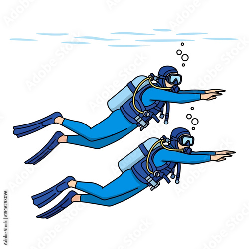 Two scuba divers swimming underwater in blue wetsuits with scuba gear