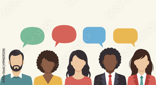 Diverse group of people with colorful speech bubbles above their heads.