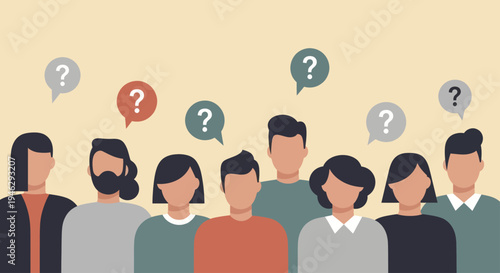Diverse group of people with question marks above their heads symbolizing confusion or inquiry.