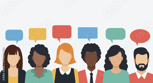 Diverse Group of People with Speech Bubbles Above Their Heads.
