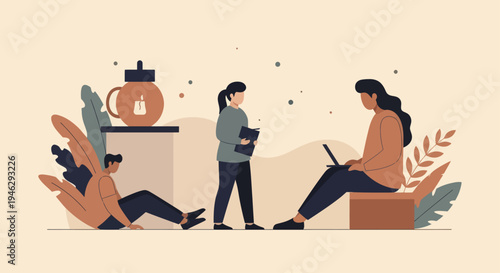 Diverse group of people working and relaxing in a modern office setting.