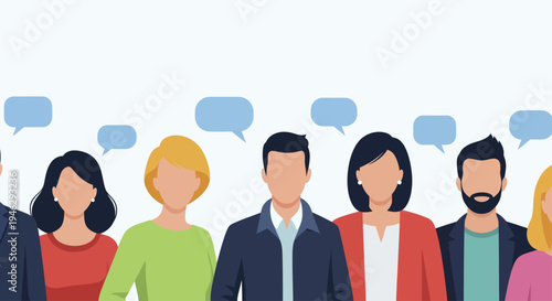 Diverse group of people with speech bubbles above their heads.