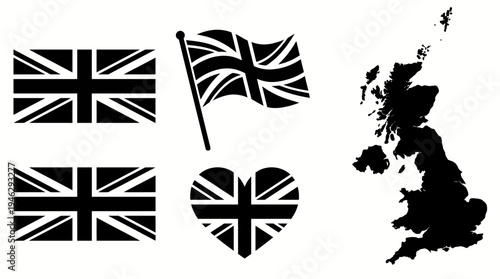 United Kingdom Flags Vector Collection | Union Jack Designs with Map Silhouette | Heart Flag Waving Flag Horizontal Flag | Cultural National Symbol Vector Artwork