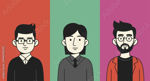 Diverse group of three cartoon men with distinct hairstyles and attire.