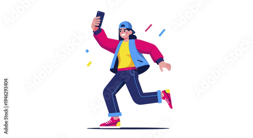 Energetic Young Person Taking a Selfie While Running.