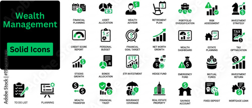 Silhouette vector of Wealth Management icon set. Wealth management and personal finance icon set. Vector symbols for investment strategy, retirement planning, banking Solid icons set.