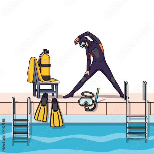 Scuba diver stretching by pool with gear: wetsuit, tank, fins, mask, snorkel