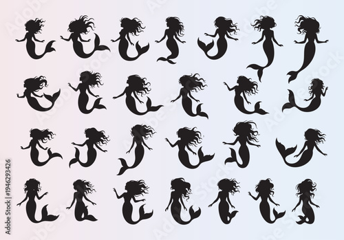Collection of elegant mermaid silhouettes in various poses isolated