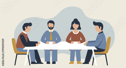 Four diverse professionals collaborating at a table in a modern office setting.