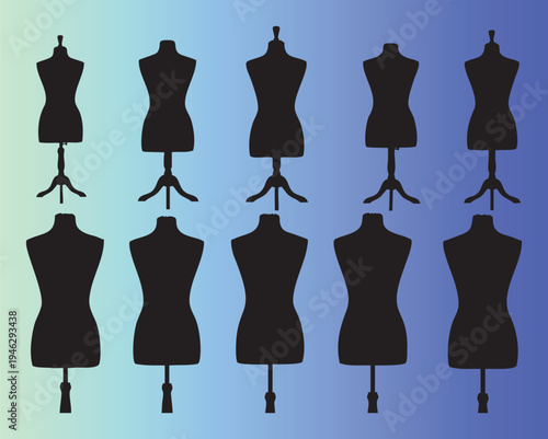 Collection of dressmaker mannequins in various styles and sizes