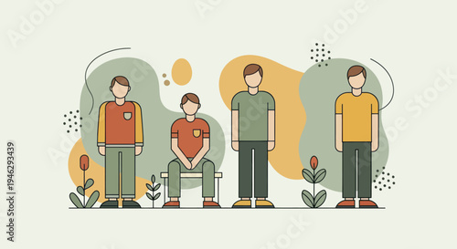 Four diverse men standing and sitting in a line with plants.