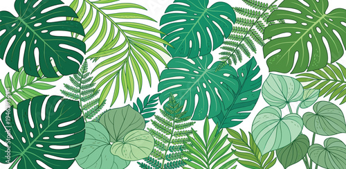Vibrant and Diverse Tropical Leaves Background - A Lush Collection of Greenery and Botanical Wonders