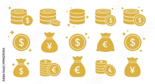 Golden Coins and Money Bags Collection Representing Wealth and Financial Success.