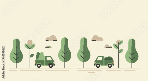 Green trucks driving through a stylized forest with trees and clouds.