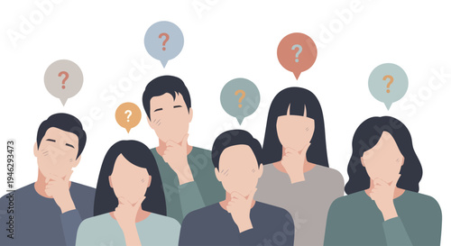 Group of people thinking with question marks above their heads.