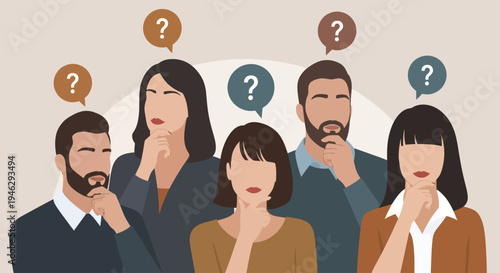 Group of diverse people thinking with question marks above their heads.