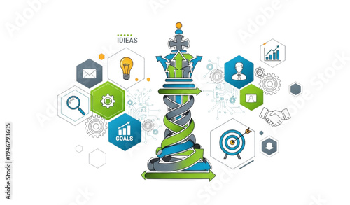 A colorful vector graphic of a crowned chess piece with business icons