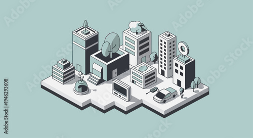 Isometric Cityscape with Modern Buildings and Urban Elements.