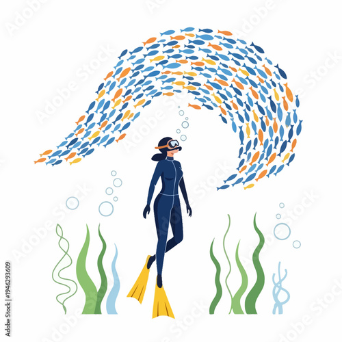 Scuba diver surrounded by a large school of fish underwater, marine life, ocean exploration
