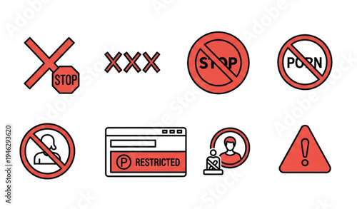A set of red and black warning icons and symbols for restricted content