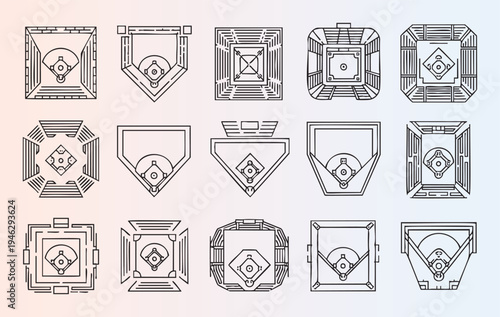 Collection of futuristic baseball field diagrams in various styles and perspectives