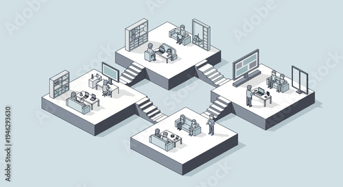Isometric illustration of a modern office space with meeting rooms and workstations.