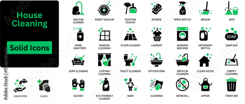 Silhouette vector of House Cleaning icon set. House cleaning icon set. Containing maid service, disinfection, janitor, vacuum cleaner, mopping, washing, soap, laundry and more. Solid icons set.