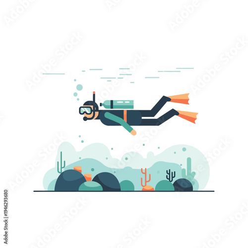 Scuba diver swimming over coral reef, underwater ocean exploration, active lifestyle