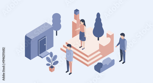 Isometric illustration of people interacting in a modern urban setting.
