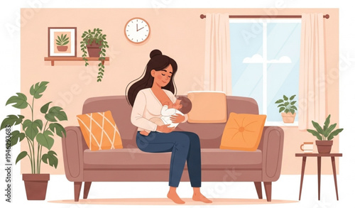 A mother breastfeeding her baby on a couch in a cozy living room