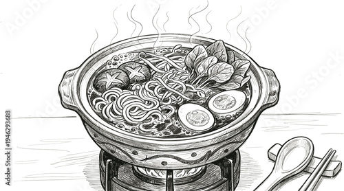 Delicious Japanese Ramen Noodle Soup in a Steaming Hot Pot with Eggs and Vegetables, a Culinary Masterpiece
