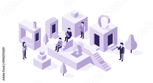 Isometric illustration of people interacting in a modern urban environment with abstract buildings.